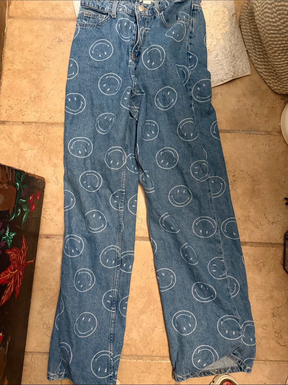 H&M Blue Denim Straight Leg Jeans with White Smile Print